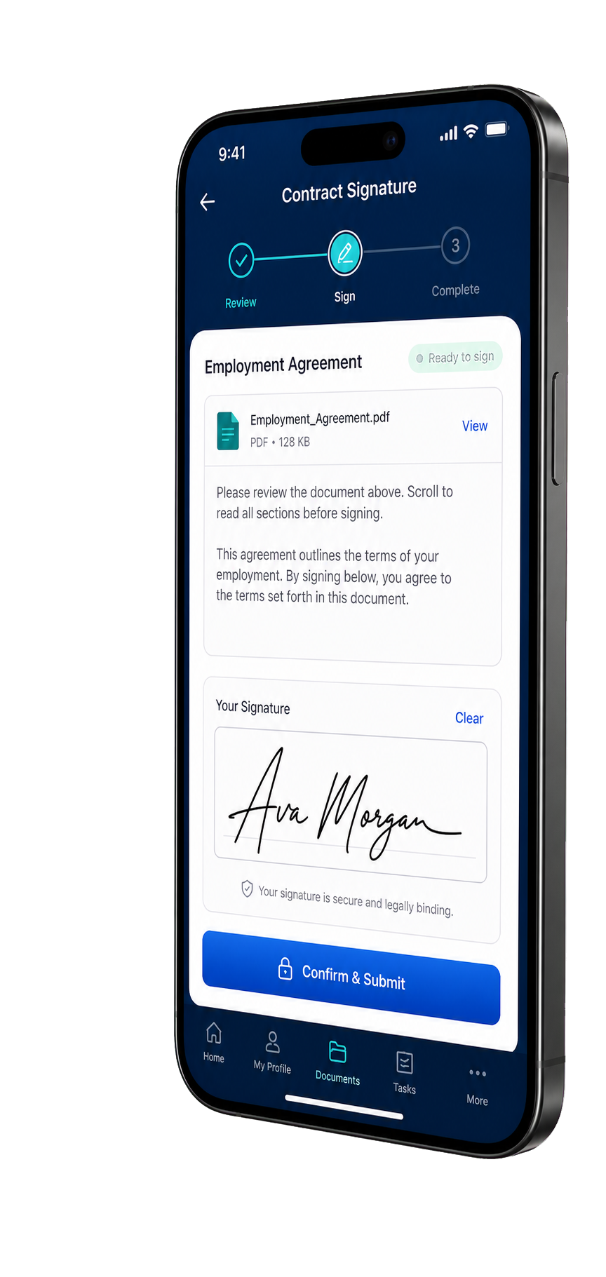 Pantalla de firma de contratos en la app de ManHours